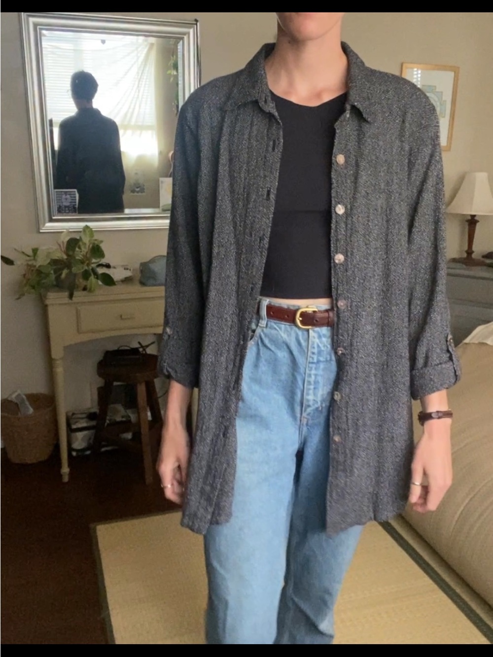 Flowy Woven Black Textured Cotton Button-Up Shirt